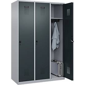 Kleiderspind C+P Evolo Plus, 3 Abteile, 400 mm breit, Drehriegel, Soft-Anschlag, B 1.200 x T 500 x H 1.850 m, weißaluminium/anthrazitgrau