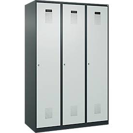 Kleiderspind C+P Evolo Plus, 3 Abteile, 400 mm breit, Zylinderschloss, Soft-Anschlag, B 1.200 x T 500 x H 1.850 m, anthrazitgrau/lichtgrau