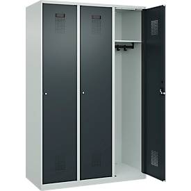 Kleiderspind C+P Evolo Plus, 3 Abteile, 400 mm breit, Zylinderschloss, Soft-Anschlag, B 1.200 x T 500 x H 1.850 m, lichtgrau/anthrazitgrau