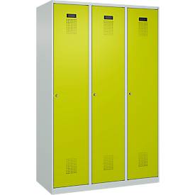 Kleiderspind C+P Evolo Plus, 3 Abteile, 400 mm breit, Zylinderschloss, Soft-Anschlag, B 1.200 x T 500 x H 1.850 m, lichtgrau/clowngrün