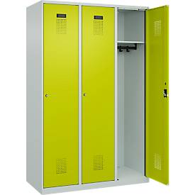 Kleiderspind C+P Evolo Plus, 3 Abteile, 400 mm breit, Zylinderschloss, Soft-Anschlag, B 1.200 x T 500 x H 1.850 m, lichtgrau/clowngrün