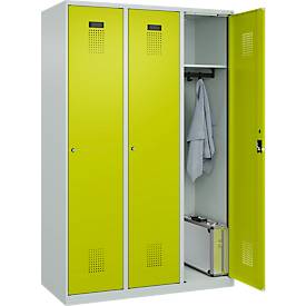 Kleiderspind C+P Evolo Plus, 3 Abteile, 400 mm breit, Zylinderschloss, Soft-Anschlag, B 1.200 x T 500 x H 1.850 m, lichtgrau/clowngrün