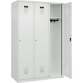 Kleiderspind C+P Evolo Plus, 3 Abteile, 400 mm breit, Zylinderschloss, Soft-Anschlag, B 1.200 x T 500 x H 1.850 m, lichtgrau/lichtgrau