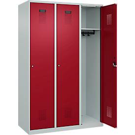 Kleiderspind C+P Evolo Plus, 3 Abteile, 400 mm breit, Zylinderschloss, Soft-Anschlag, B 1.200 x T 500 x H 1.850 m, lichtgrau/rubinrot