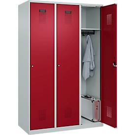 Kleiderspind C+P Evolo Plus, 3 Abteile, 400 mm breit, Zylinderschloss, Soft-Anschlag, B 1.200 x T 500 x H 1.850 m, lichtgrau/rubinrot