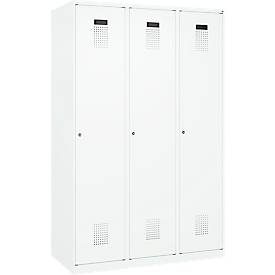Kleiderspind C+P Evolo Plus, 3 Abteile, 400 mm breit, Zylinderschloss, Soft-Anschlag, B 1.200 x T 500 x H 1.850 m, verkehrsweiß/verkehrsweiß