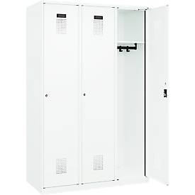 Kleiderspind C+P Evolo Plus, 3 Abteile, 400 mm breit, Zylinderschloss, Soft-Anschlag, B 1.200 x T 500 x H 1.850 m, verkehrsweiß/verkehrsweiß