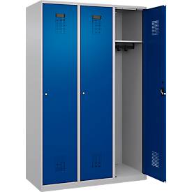 Kleiderspind C+P Evolo Plus, 3 Abteile, 400 mm breit, Zylinderschloss, Soft-Anschlag, B 1.200 x T 500 x H 1.850 m, weißaluminium/enzianblau