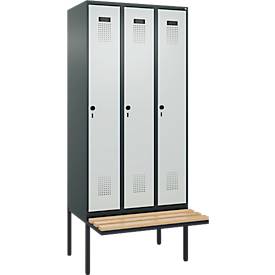 Kleiderspind C+P Evolo Plus, 3 Abteile à 300 mm Breite, schwebende Sitzbank, B 900 x T 815 x H 2120 mm, Drehriegel, anthrazit/lichtgrau