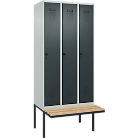 Kleiderspind C+P Evolo Plus, 3 Abteile à 300 mm Breite, schwebende Sitzbank, B 900 x T 815 x H 2120 mm, Drehriegel, lichtgrau/anthrazit
