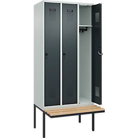 Kleiderspind C+P Evolo Plus, 3 Abteile à 300 mm Breite, schwebende Sitzbank, B 900 x T 815 x H 2120 mm, Drehriegel, lichtgrau/anthrazit