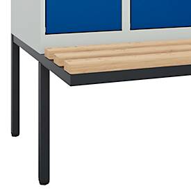 Kleiderspind C+P Evolo Plus, 3 Abteile à 300 mm Breite, schwebende Sitzbank, B 900 x T 815 x H 2120 mm, Drehriegel, lichtgrau/enzianblau