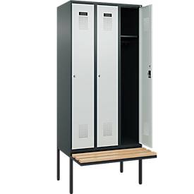 Kleiderspind C+P Evolo Plus, 3 Abteile à 300 mm Breite, schwebende Sitzbank, B 900 x T 815 x H 2120 mm, Zylinder, anthrazitgrau/lichtgrau