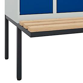 Kleiderspind C+P Evolo Plus, 3 Abteile à 300 mm Breite, schwebende Sitzbank, B 900 x T 815 x H 2120 mm, Zylinder, lichtgrau/enzianblau