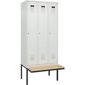 Kleiderspind C+P Evolo Plus, 3 Abteile à 300 mm Breite, schwebende Sitzbank, B 900 x T 815 x H 2120 mm, Zylinder, lichtgrau/lichtgrau