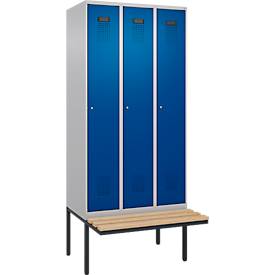 Kleiderspind C+P Evolo Plus, 3 Abteile à 300 mm Breite, schwebende Sitzbank, B 900 x T 815 x H 2120 mm, Zylinder, weißaluminium/enzianblau