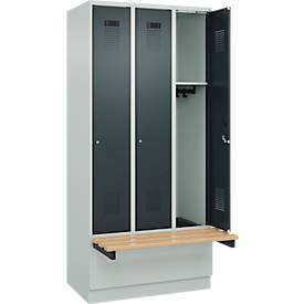 Kleiderspind C+P Evolo Plus, 3 Abteile à 300 mm Breite, Sockel, schwebende Sitzbank, B 900 x T 815 x H 1950 mm, Zylinder, lichtgrau/anthrazitgrau