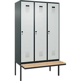 Kleiderspind C+P Evolo Plus, 3 Abteile à 400 mm Breite, schwebende Sitzbank, B 1200 x T 815 x H 2120 mm, Drehriegel, anthrazitgrau/lichtgrau