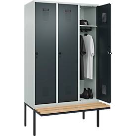 Kleiderspind C+P Evolo Plus, 3 Abteile à 400 mm Breite, schwebende Sitzbank, B 1200 x T 815 x H 2120 mm, Drehriegel, lichtgrau/anthrazitgrau