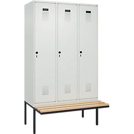 Kleiderspind C+P Evolo Plus, 3 Abteile à 400 mm Breite, schwebende Sitzbank, B 1200 x T 815 x H 2120 mm, Drehriegel, lichtgrau/lichtgrau