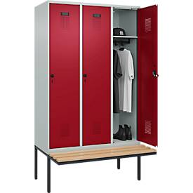 Kleiderspind C+P Evolo Plus, 3 Abteile à 400 mm Breite, schwebende Sitzbank, B 1200 x T 815 x H 2120 mm, Drehriegel, lichtgrau/rubinrot