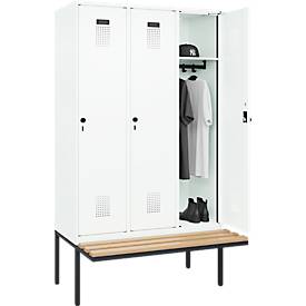 Kleiderspind C+P Evolo Plus, 3 Abteile à 400 mm Breite, schwebende Sitzbank, B 1200 x T 815 x H 2120 mm, Drehriegel, verkehrsweiß/verkehrsweiß