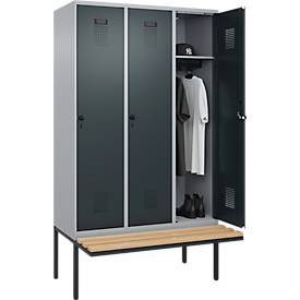 Kleiderspind C+P Evolo Plus, 3 Abteile à 400 mm Breite, schwebende Sitzbank, B 1200 x T 815 x H 2120 mm, Drehriegel, weißaluminium/anthrazitgrau