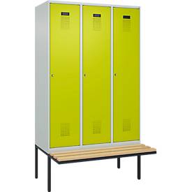 Kleiderspind C+P Evolo Plus, 3 Abteile à 400 mm Breite, schwebende Sitzbank, B 1200 x T 815 x H 2120 mm, Zylinder, lichtgrau/clowngrün