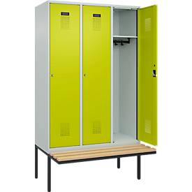 Kleiderspind C+P Evolo Plus, 3 Abteile à 400 mm Breite, schwebende Sitzbank, B 1200 x T 815 x H 2120 mm, Zylinder, lichtgrau/clowngrün