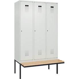 Kleiderspind C+P Evolo Plus, 3 Abteile à 400 mm Breite, schwebende Sitzbank, B 1200 x T 815 x H 2120 mm, Zylinder, lichtgrau/lichtgrau