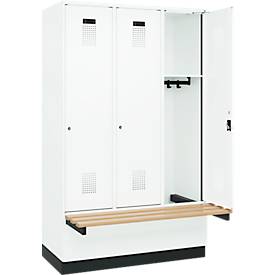 Kleiderspind C+P Evolo Plus, 3 Abteile à 400 mm Breite, Sockel, schwebende Sitzbank, B 1200 x T 815 x H 1950 mm, Zylinder, verkehrsweiß/verkehrsweiß