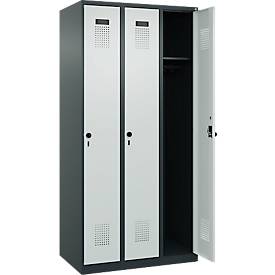 Kleiderspind C+P Evolo Plus, 3 Abteile, Anschlag rechts, Sicherheits-Drehriegel, B 900 x T 500 x H 1850 mm, anthrazitgrau/lichtgrau
