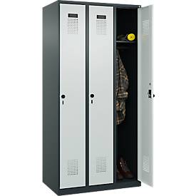Kleiderspind C+P Evolo Plus, 3 Abteile, Anschlag rechts, Sicherheits-Drehriegel, B 900 x T 500 x H 1850 mm, anthrazitgrau/lichtgrau