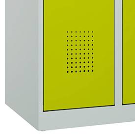 Kleiderspind C+P Evolo Plus, 3 Abteile, Anschlag rechts, Sicherheits-Drehriegel, B 900 x T 500 x H 1850 mm, lichtgrau/clowngrün