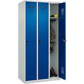 Kleiderspind C+P Evolo Plus, 3 Abteile, Anschlag rechts, Sicherheits-Drehriegel, B 900 x T 500 x H 1850 mm, lichtgrau/enzianblau