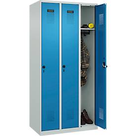 Kleiderspind C+P Evolo Plus, 3 Abteile, Anschlag rechts, Sicherheits-Drehriegel, B 900 x T 500 x H 1850 mm, lichtgrau/lichtblau