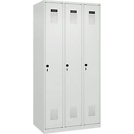 Kleiderspind C+P Evolo Plus, 3 Abteile, Anschlag rechts, Sicherheits-Drehriegel, B 900 x T 500 x H 1850 mm, lichtgrau/lichtgrau