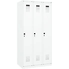 Kleiderspind C+P Evolo Plus, 3 Abteile, Anschlag rechts, Sicherheits-Drehriegel, B 900 x T 500 x H 1850 mm, verkehrsweiß/verkehrsweiß