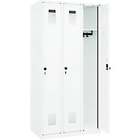 Kleiderspind C+P Evolo Plus, 3 Abteile, Anschlag rechts, Sicherheits-Drehriegel, B 900 x T 500 x H 1850 mm, verkehrsweiß/verkehrsweiß