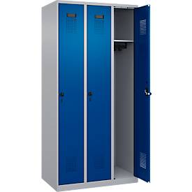 Kleiderspind C+P Evolo Plus, 3 Abteile, Anschlag rechts, Sicherheits-Drehriegel, B 900 x T 500 x H 1850 mm, weißaluminium/enzianblau