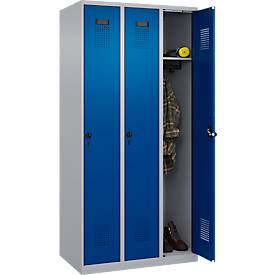 Kleiderspind C+P Evolo Plus, 3 Abteile, Anschlag rechts, Sicherheits-Drehriegel, B 900 x T 500 x H 1850 mm, weißaluminium/enzianblau