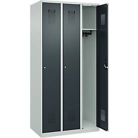 Kleiderspind C+P Evolo Plus, 3 Abteile, Anschlag rechts, Zylinderschloss, B 900 x T 500 x H 1850 mm, lichtgrau/anthrazitgrau