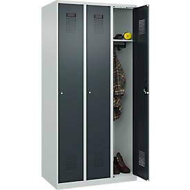Kleiderspind C+P Evolo Plus, 3 Abteile, Anschlag rechts, Zylinderschloss, B 900 x T 500 x H 1850 mm, lichtgrau/anthrazitgrau