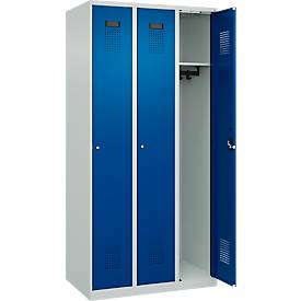 Kleiderspind C+P Evolo Plus, 3 Abteile, Anschlag rechts, Zylinderschloss, B 900 x T 500 x H 1850 mm, lichtgrau/enzianblau