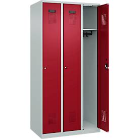 Kleiderspind C+P Evolo Plus, 3 Abteile, Anschlag rechts, Zylinderschloss, B 900 x T 500 x H 1850 mm, lichtgrau/rubinrot