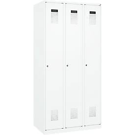 Kleiderspind C+P Evolo Plus, 3 Abteile, Anschlag rechts, Zylinderschloss, B 900 x T 500 x H 1850 mm, verkehrsweiß/verkehrsweiß