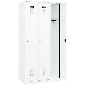 Kleiderspind C+P Evolo Plus, 3 Abteile, Anschlag rechts, Zylinderschloss, B 900 x T 500 x H 1850 mm, verkehrsweiß/verkehrsweiß