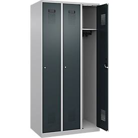 Kleiderspind C+P Evolo Plus, 3 Abteile, Anschlag rechts, Zylinderschloss, B 900 x T 500 x H 1850 mm, weißaluminium/anthrazitgrau