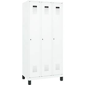 Kleiderspind C+P Evolo Plus, 3 Abteile, Anschlag rechts, Zylinderschloss, B 900 x T 500 x H 1950 mm, verkehrsweiß/verkehrsweiß