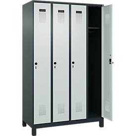 Kleiderspind C+P Evolo Plus, 4 Abteile, 300 mm Abteilbreite, mit Füßen, Anschlag rechts, Drehriegel, B 1200 x T 500 x H 1950 mm, anthrazitgrau/lichtgrau